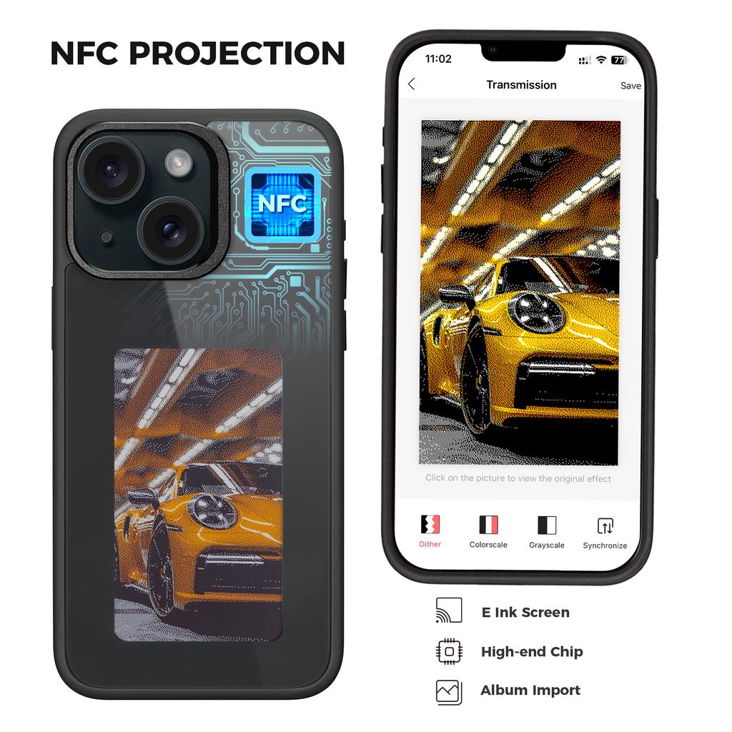 E Ink Phone Case for iPhone 13/14 Smart NFC Phone Case Photo,Black/White/Red/Yellow 4-Color