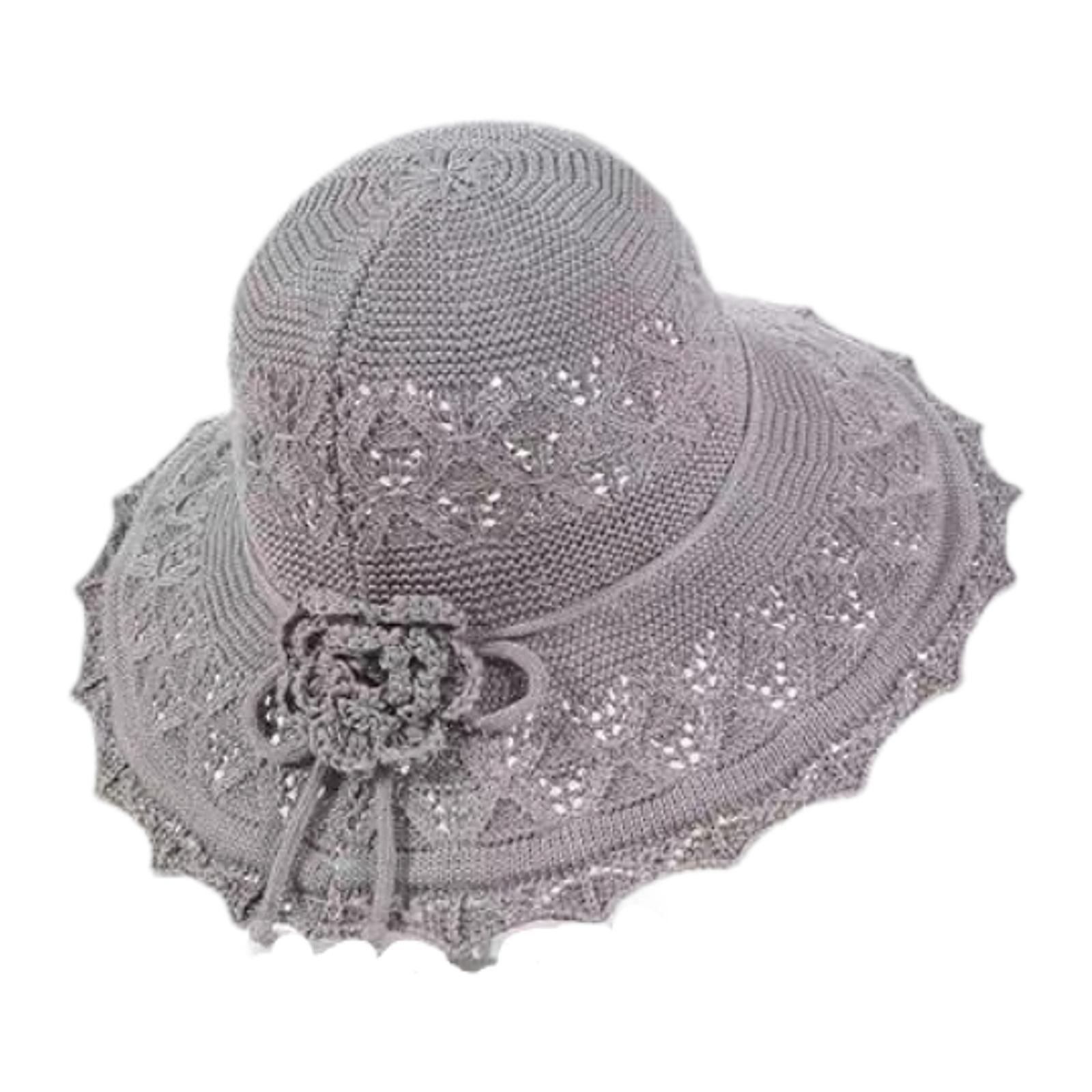 

Sun Hat Large with Crocheted Flower Fashionable for Women Ladies Woven Beach Hat for Travel Seaside Holiday Vacation Outdoor серый