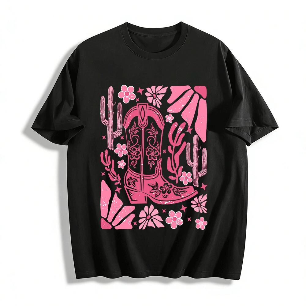 

Western Style Pink Cowboy Boot Print Casual T-Shirt Pure cotton T-shirt XXS