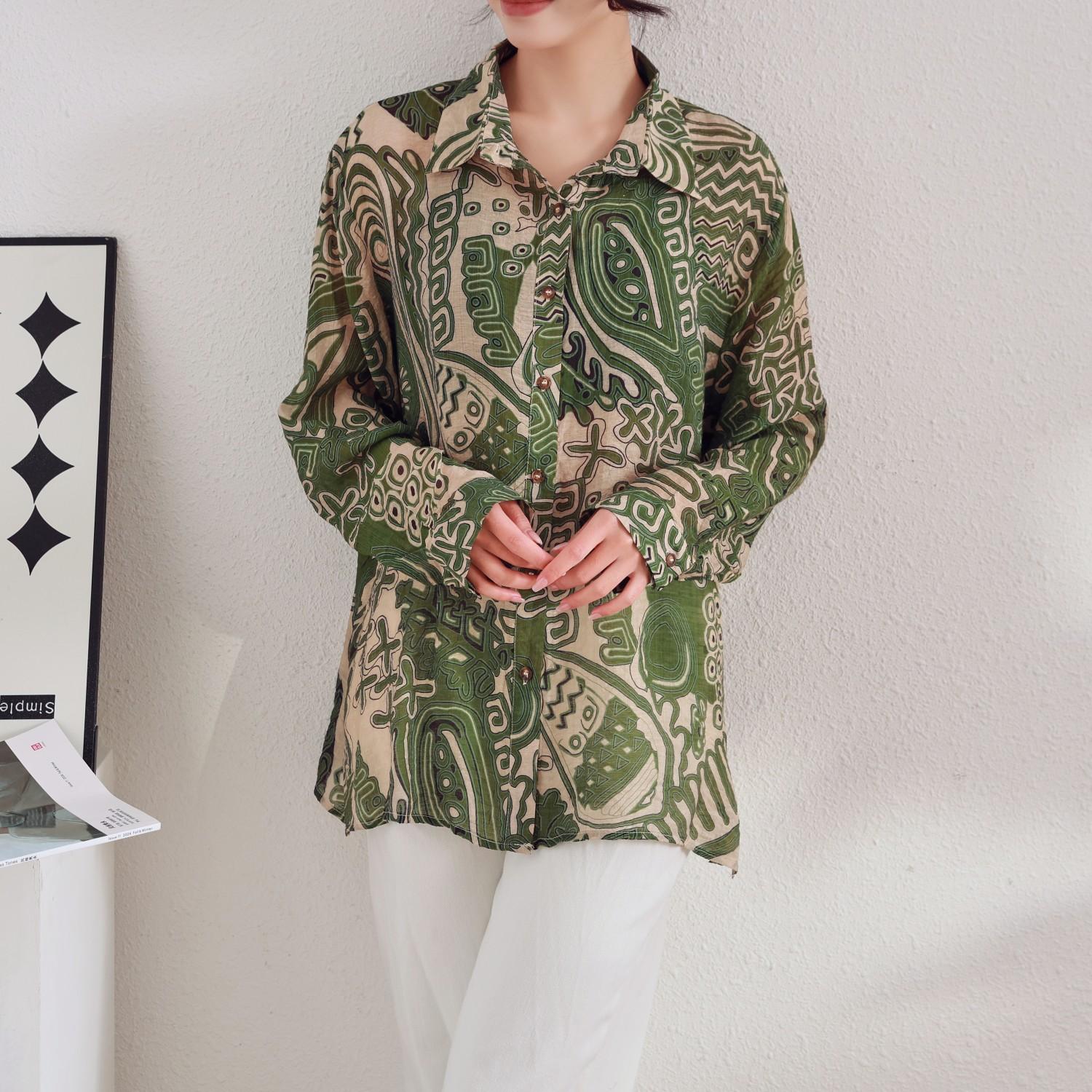 

DIMANAF Весна 2025 Льняная рубашка с длинным рукавом Женская блузка Модные цветочные топы Свободные новые One Size зелёный