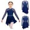 Long Sleeve Cutout Back Asymmetrical Hem Mesh Patchwork Dress with Rhinestones for Girls Figure Skating Competition Stage Show
