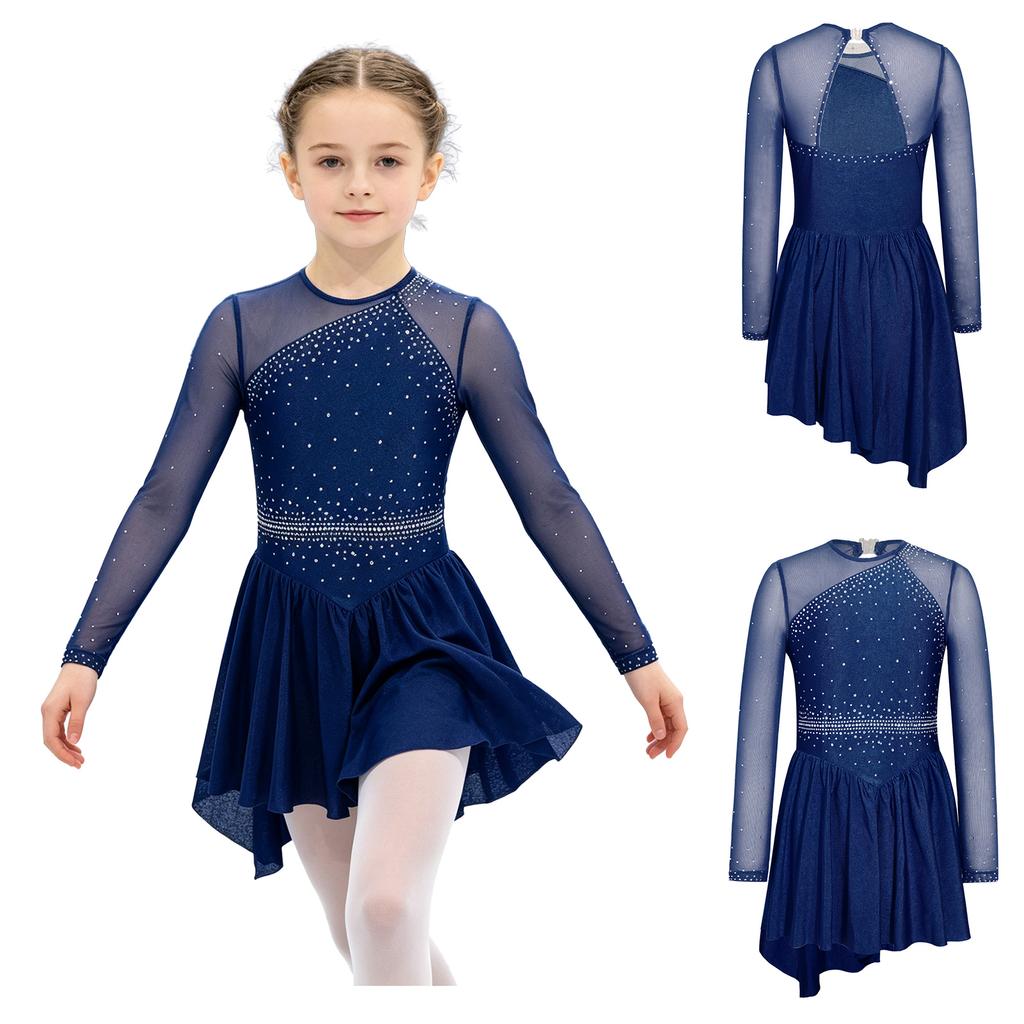 Long Sleeve Cutout Back Asymmetrical Hem Mesh Patchwork Dress with Rhinestones for Girls Figure Skating Competition Stage Show