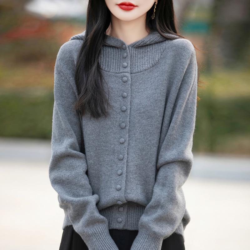 Spring New Hooded Knitted Cardigan with Buttons, Solid Color Loose and Versatile Top Coat