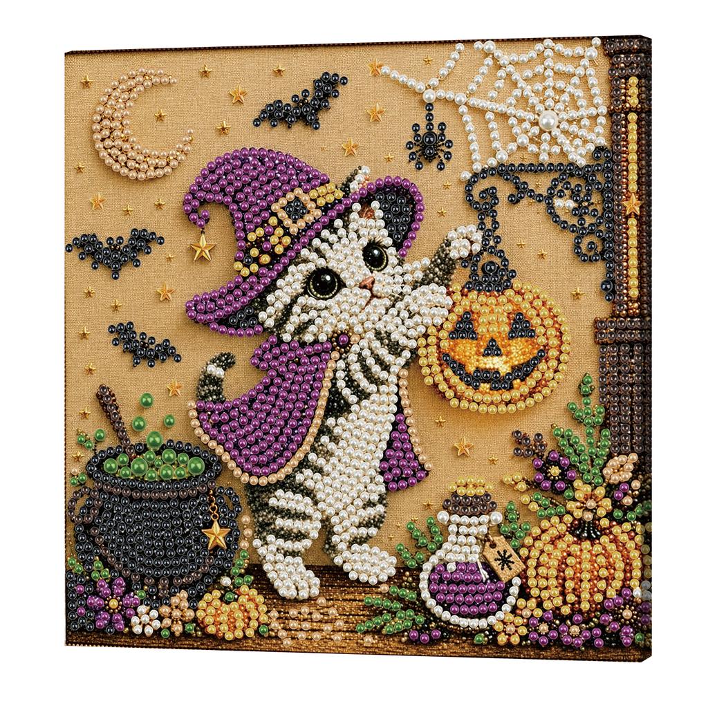 Full Drill Pearl Painting Kit with Frame 20x20cm Halloween Animal DIY Bead Art 3D Sparkling Wall Decor