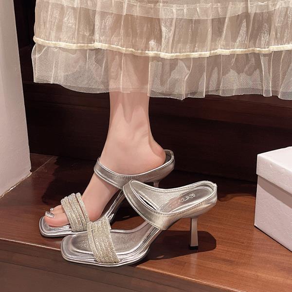 Fashion Thin Heels Glitter Slides High-Heeled Shoes Lady Slippers Women Summer Fashion Pantofle Jelly Luxury 2025 Crystal High-Heeled Sh