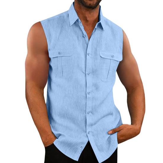 

Мужской летний топ без рукавов, однобортный однобортный накладной карман, брюки средней длины, кардиган с лацканами, мужской летний жилет, мужская одежда M небесно-голубой