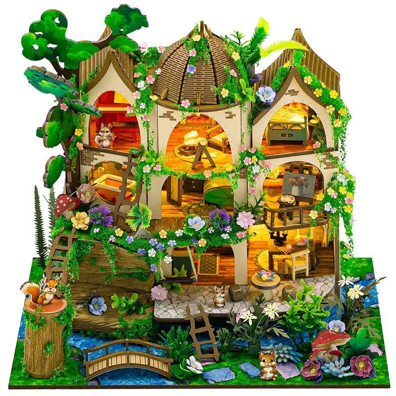 Figurines de Cottage Château Forêt en Bois DIY Miniatures Kits Maisons Assemblées Casa pour Anniversaires d'Amis Décoration de Maison Artisanat