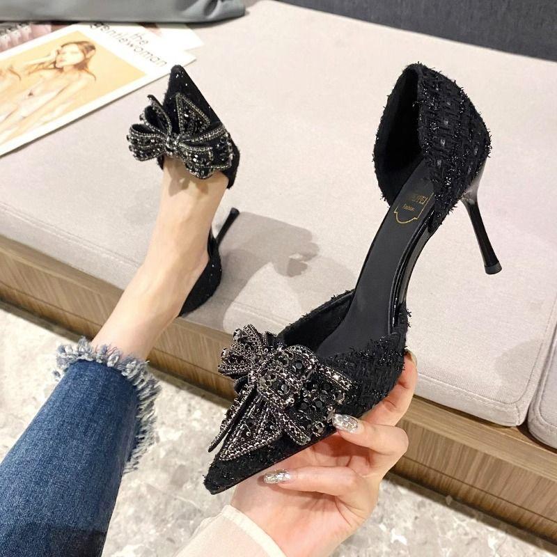 French Temperament Hollow Crystal High Heels Women's 2025 Spring and Autumn New Shallow Mouth Pointed Thin Heel Single Shoes Are Not Tired