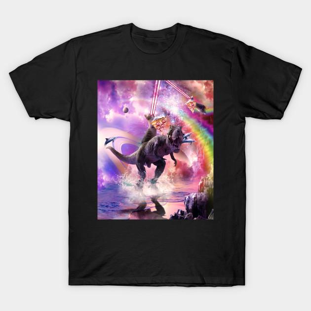 Men Black Print T-shirt Rainbow Laser Space Cat On Dinosaur Eating Pizza No-Cut Transfer Paper Print Cotton Tshirt 4XL