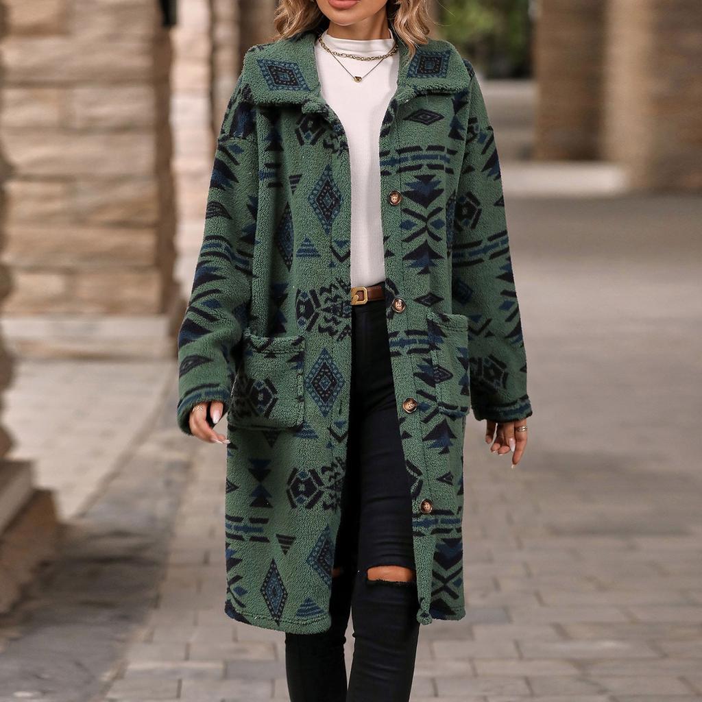 And Winter Women's Single Breasted Ethnic  Printed Plush Long Coat Jacket