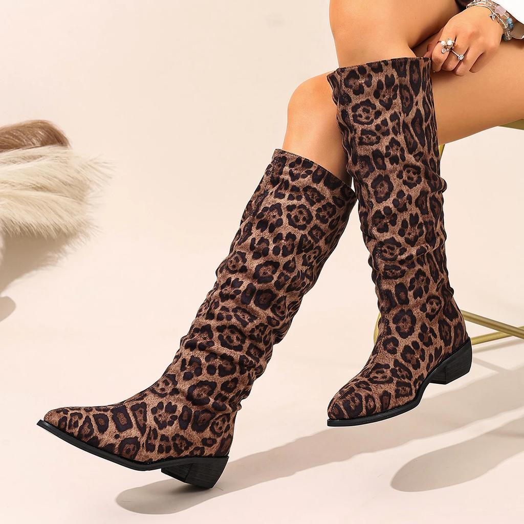 Fashion Sexy Leopard Suede Knee Boots Women 2025 Autumn Pointed Toe Medium Heel Slip on Long Boots Fashion Design Soft Pleated Boots