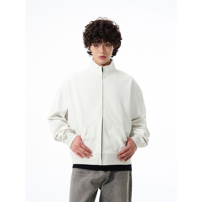 Kisko American Retro Gray Boxy Stand-Up Collar Zipper Sweatshirt Unisex Trendy Loose Casual Short Jacket Ins