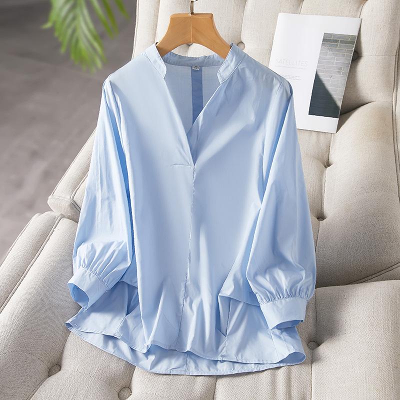 

Темпераментная рубашка с V-образным вырезом и рукавами три четверти Весенняя одежда Новая женская рубашка светло-голубого цвета с рукавами-буфами для женщин XXL синий