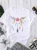 (Asian Size) Plant Feather Style Graphic Tee T-shirts Female Casual Short Sleeve O-neck Fashion Print Women's Top T Clothing