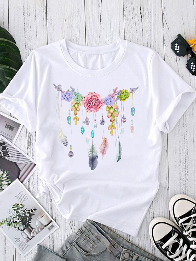 (Asian Size) Graphic Tee T-shirts Female Lovely Feather Style Casual Short Sleeve O-neck Fashion Print Women's Top T Clothing
