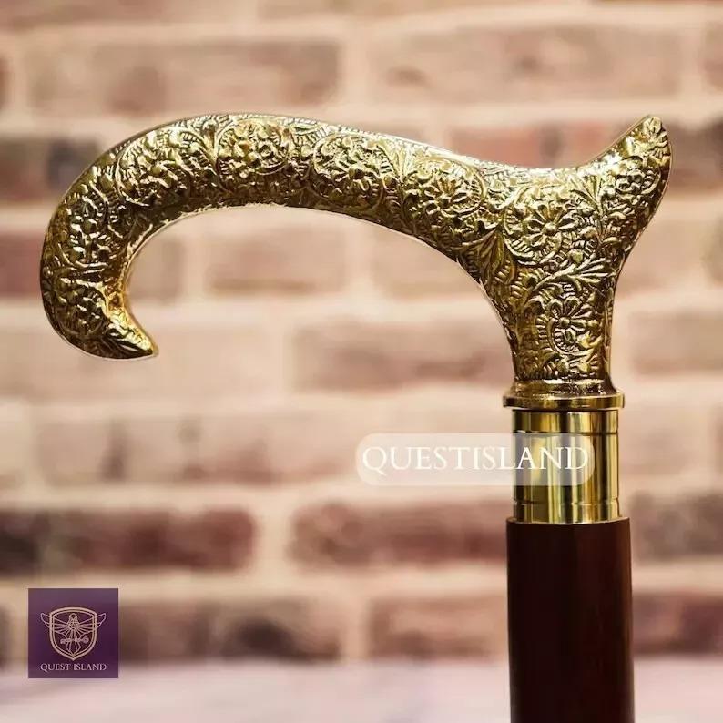 Walking Stick Handle Brass Wooden Victorian Foldable Cane Collectible Men's Gift