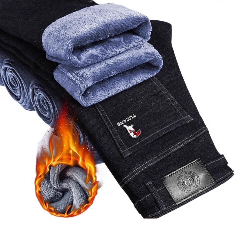 Woodpecker Men's Fleece-lined Straight Leg Stretch Jeans - Loose Fit, Plus Size, Warm Casual Pants for Autumn/Winter