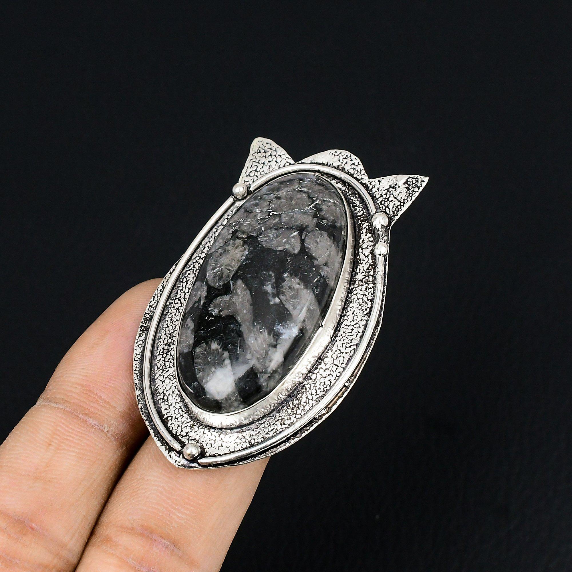 

Natural Black Fossil Coral Gemstone 925 Silver Multi Stone Ring Size 9 For Girls 9