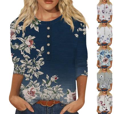 Damenmode, lässig, 3/4-Ärmel, Blumenmuster, Knopfleiste, Rundhalsausschnitt, Pullover, Oberteil, Freizeitkleidung