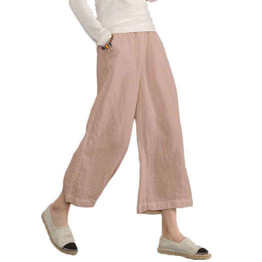 2026 New Women's Linen Cotton Wide Leg Pants, Elastic Waist Cropped Culottes for Spring Summer Casual Wear