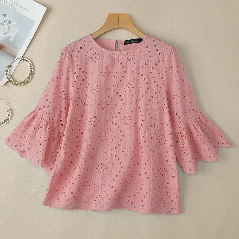 ZANZEA Women Casual O-neck Hollow Out Lace Patchwork 3/4 Sleeve Blouse