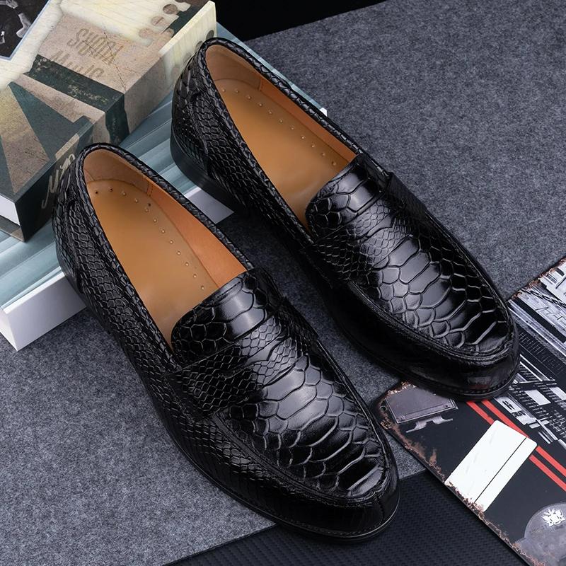 Fashion Snake Printing Leather Men Shoes Loafers Design Slip on Daily Casual Shoe Genuine Cowhide Handmade Sewing Comfortable Dress Shoe