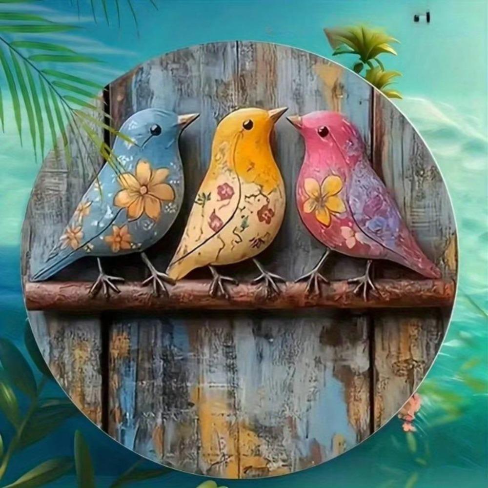 Vintage Birds Floral Wreath Round Aluminum Metal Wall Art Decor 8x8 Inch