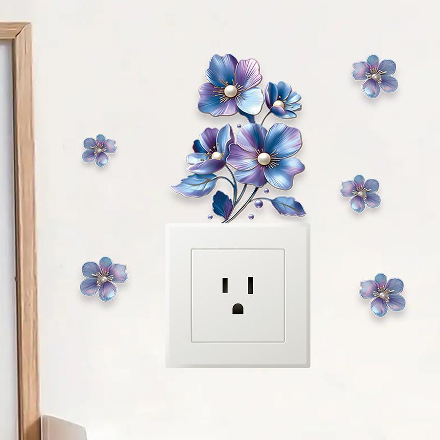 Realistic Blue Botanical Floral Switch Stickers, Self-Adhesive Decor for Room Outlet Wall Decoration