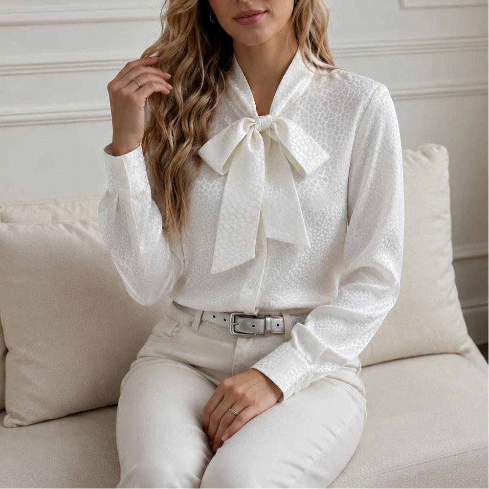 Women Ribbon Spot Satin Long Sleeve French Style Elegant Blouse