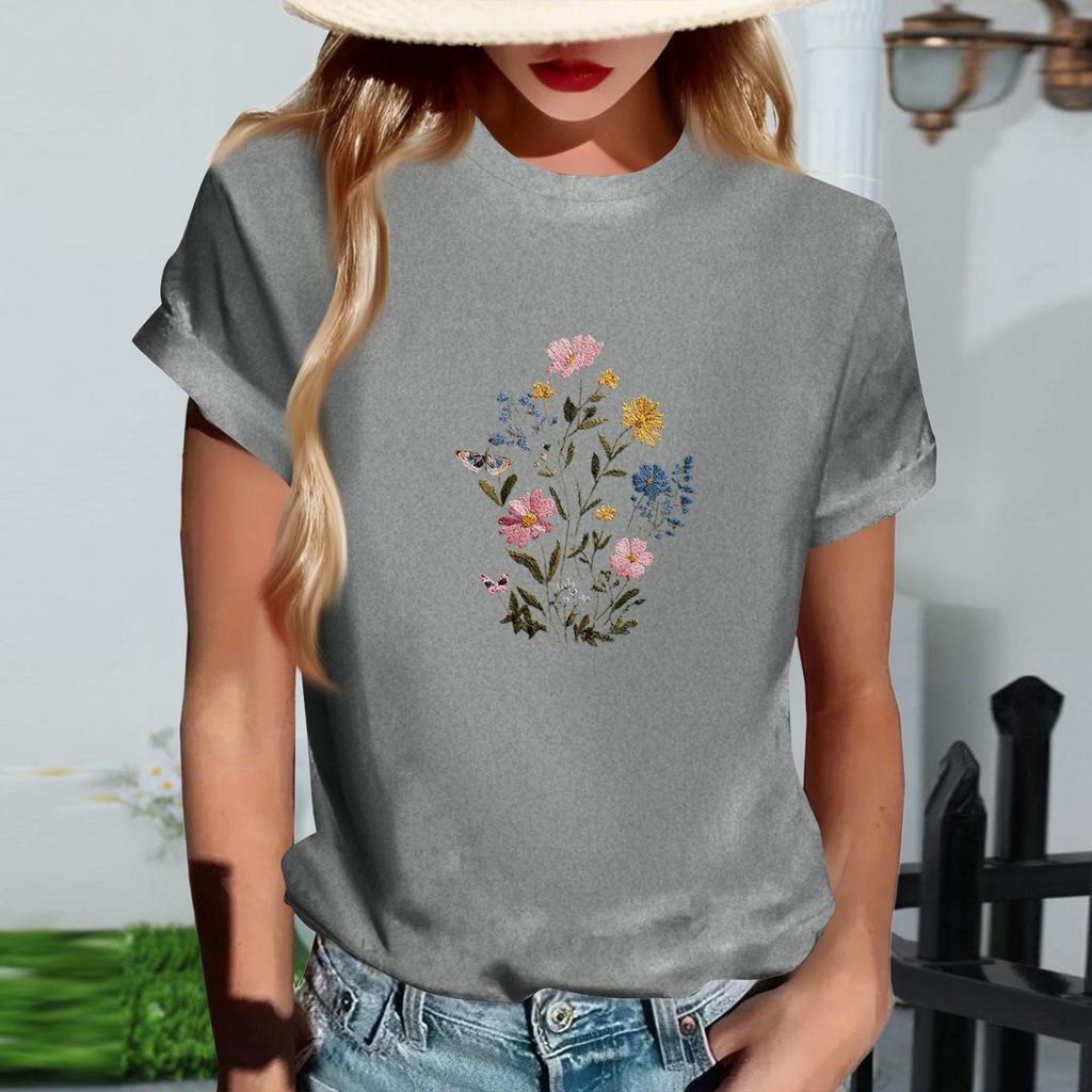 Women's Fashionable Round Neck Casual Retro Print Short Sleeved T-shirt Top