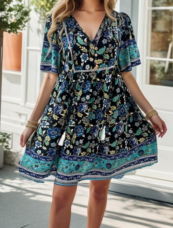 Damen Blumendruck Boho Strand Minikleid Sommer V-Ausschnitt Kurzarm Schnürung Lässige Lose Urlaubskleider Robe Weiblich