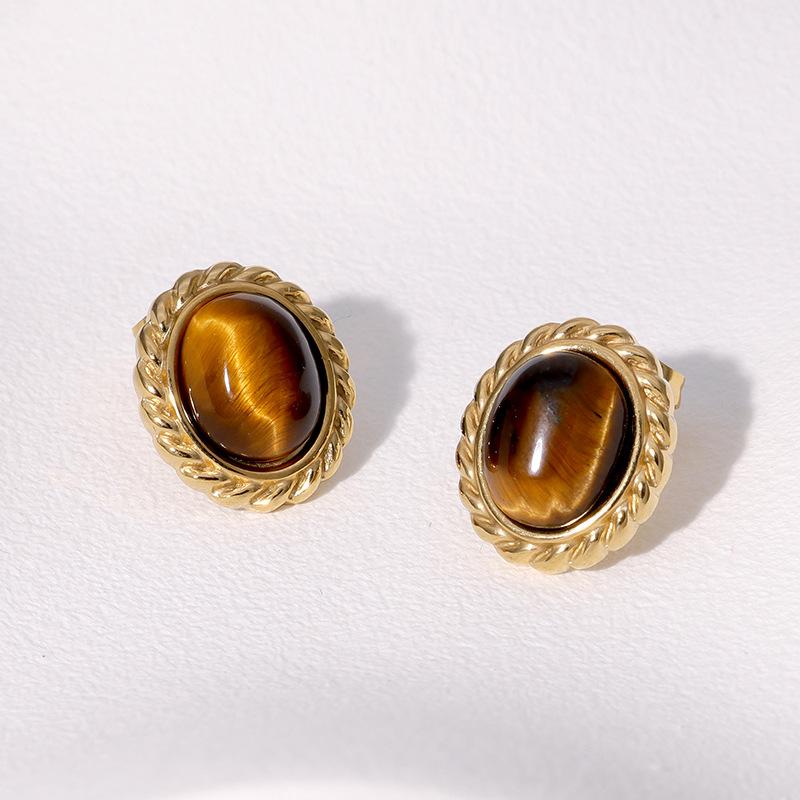 Vintage Stainless Steel Oval Stone Drop Earrings for Women Ladies Palace Style Temperament No Fading Stud Earrings Jewelry Gifts