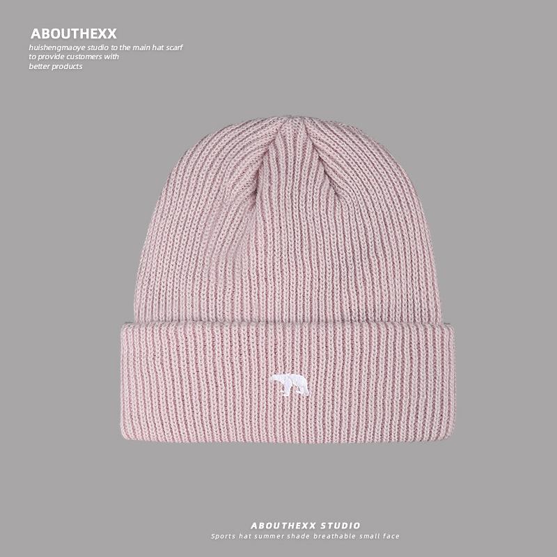 New Autumn and Winter Polar Bear Embroidered Knitted Hat for Women Korean Style Versatile Face Showing Small Wool Hat Warm Ear Protection Cold Hat