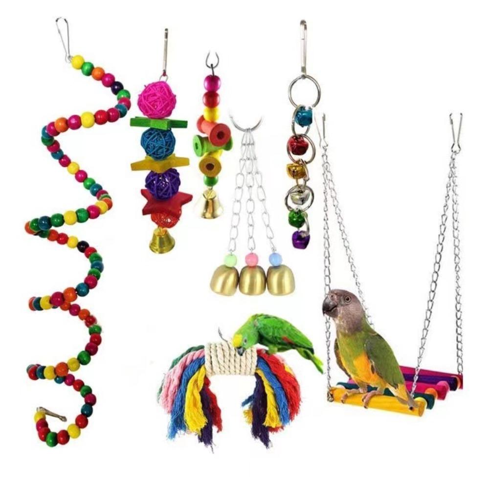 A Set High Quality Colorful Cockatiel Toys Durable Interactive Bird Cage Accessories Wooden Bird Toy Set Training