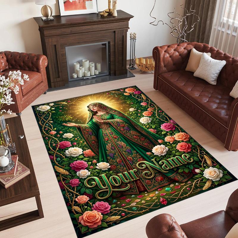 Virgin Mary Theme Crystal Velvet Rug Personalized Custom Name Text Soft Floor Mat Home Decor