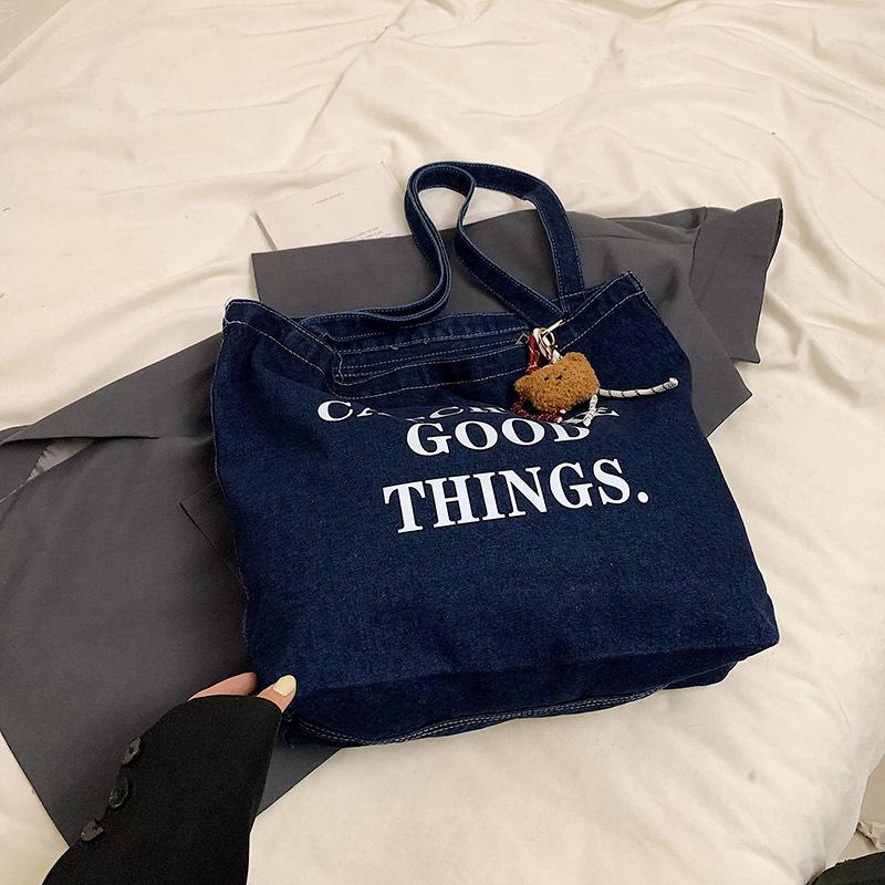 Casual relaxation letter bag women's new fashion college student class shoulder bag denim tote bag