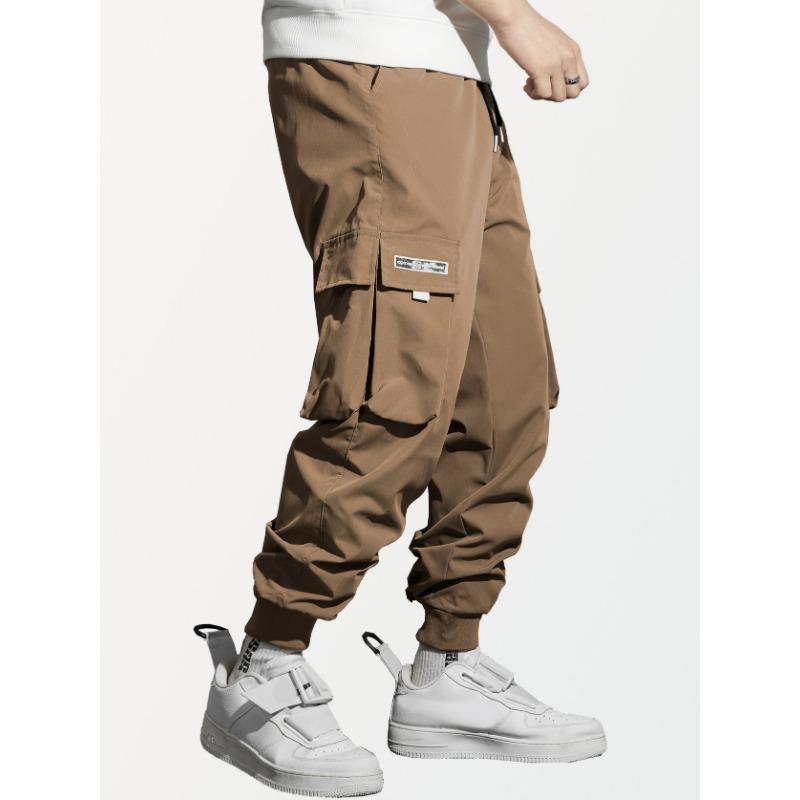 Men Drawstring Elastic Waist Multi Pocket Cargo Pants Ankle Cuffed Jogger Casual Street Trousers