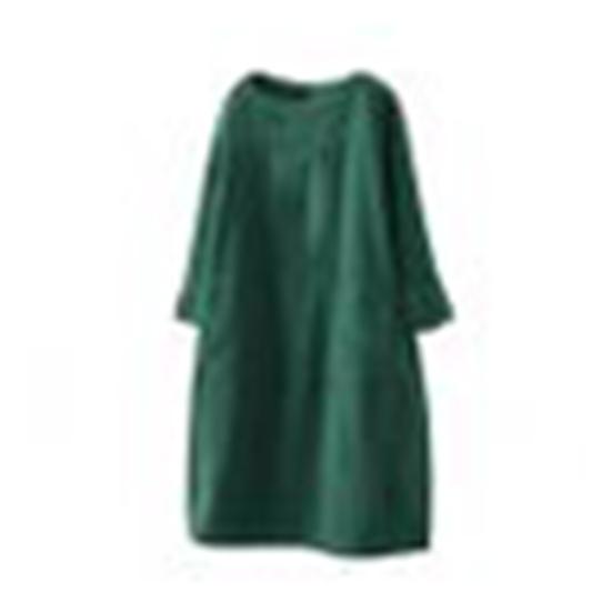 Women Solid Color Long Sleeve O Neck Corduroy Pockets Plus Size Loose Midi Dress
