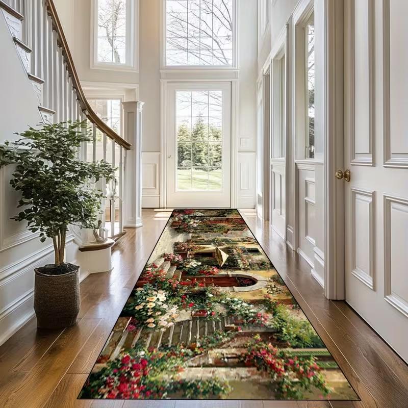 European Street Scene Runner Carpet Warm Toned Floral Architecture Painting Old Town Landscape Hallway Floor Mat Home Decor