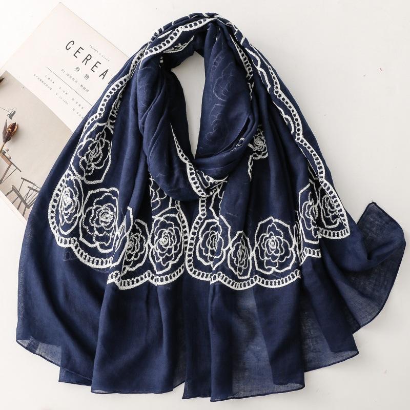 

Ladies Solid Color Camellia Embroidered Scarf For Spring And Summer Season, Square Windproof And Sunscreen Rolled Edge Shawl