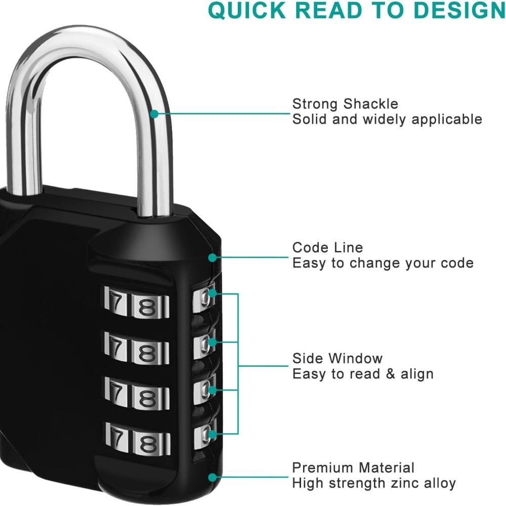 Combination Locker Padlock, 4 Digit Coded Padlock, Gym Lock, School Locker Lock, Weatherproof Combination Lock Outdoor (Black)