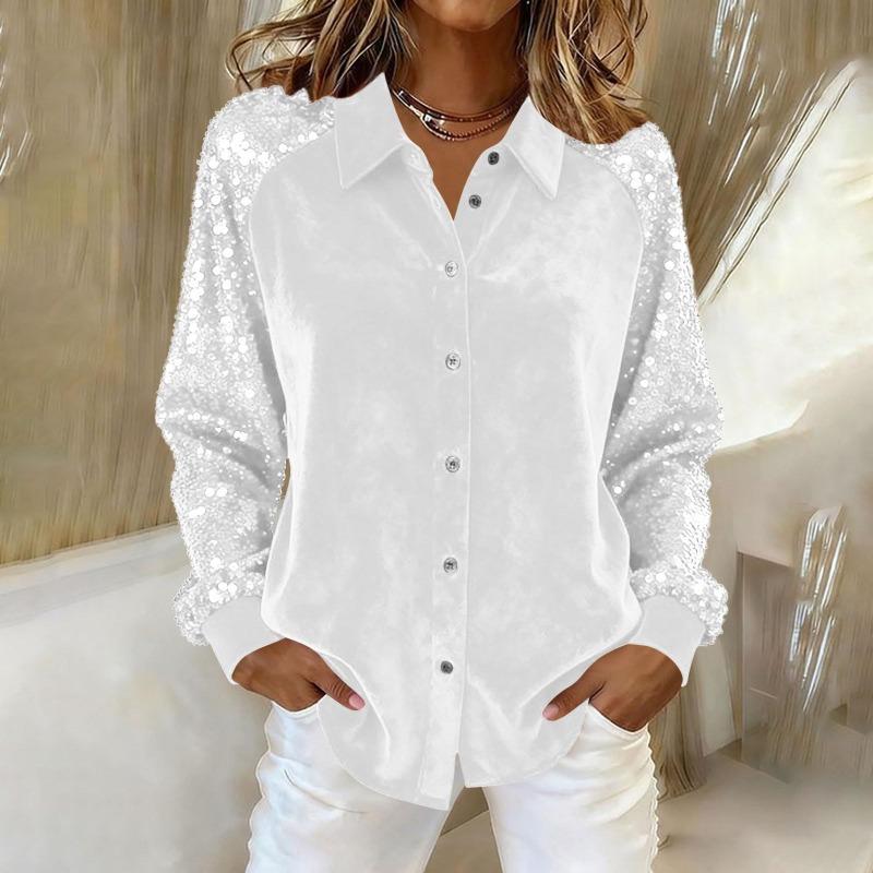Chemise à Boutons Manches Longues Col Pointu Patchwork Velours et Paillettes pour Femme