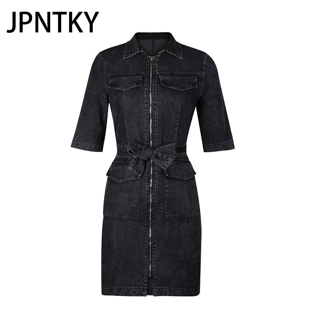 JPNTKY Women's Fashion Short Sleeve Zip Up Denim Dress Summer Spring