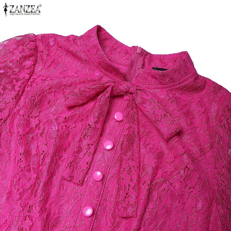 ZANZEA Women Elegant Lace Patchwork Casual Stand Collar Long Sleeve Dress