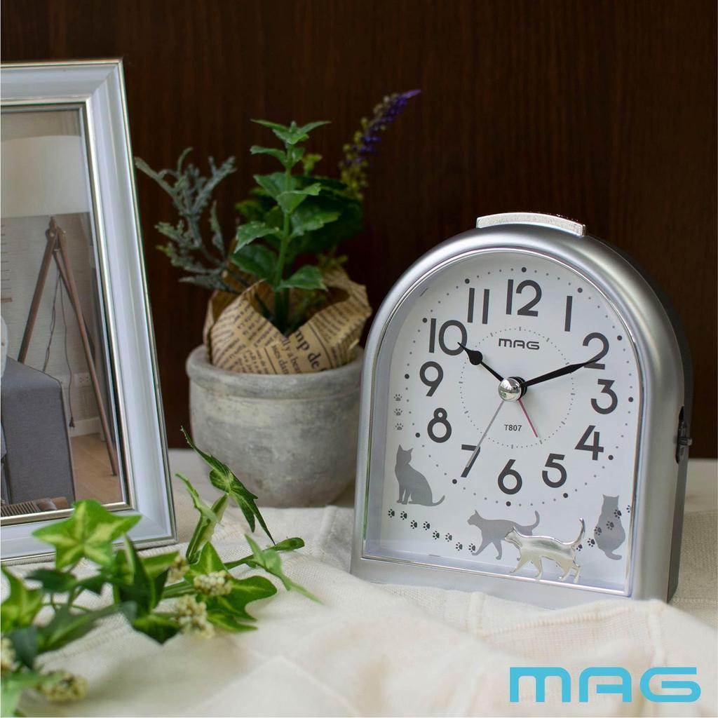 MAG Alarm Clock, Table Clock, Analog, Cat Design, Cute Animal, Children's, Silent, Continuous Second Hand, Electronic Alarm, Snooze, Light, Silver,