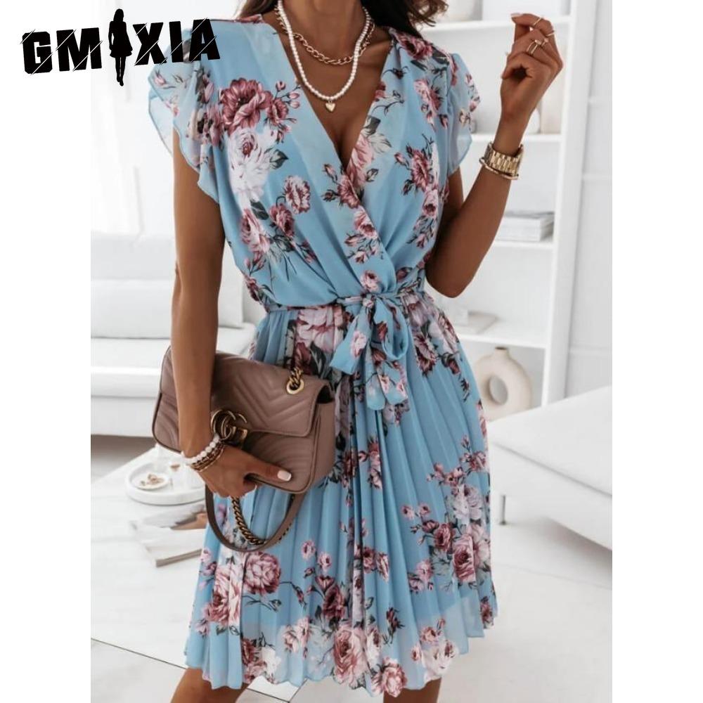 

GMXIA Свободное летнее плиссированное женское миди-платье V-образный вырез высокая талия повседневное платье XXL синий