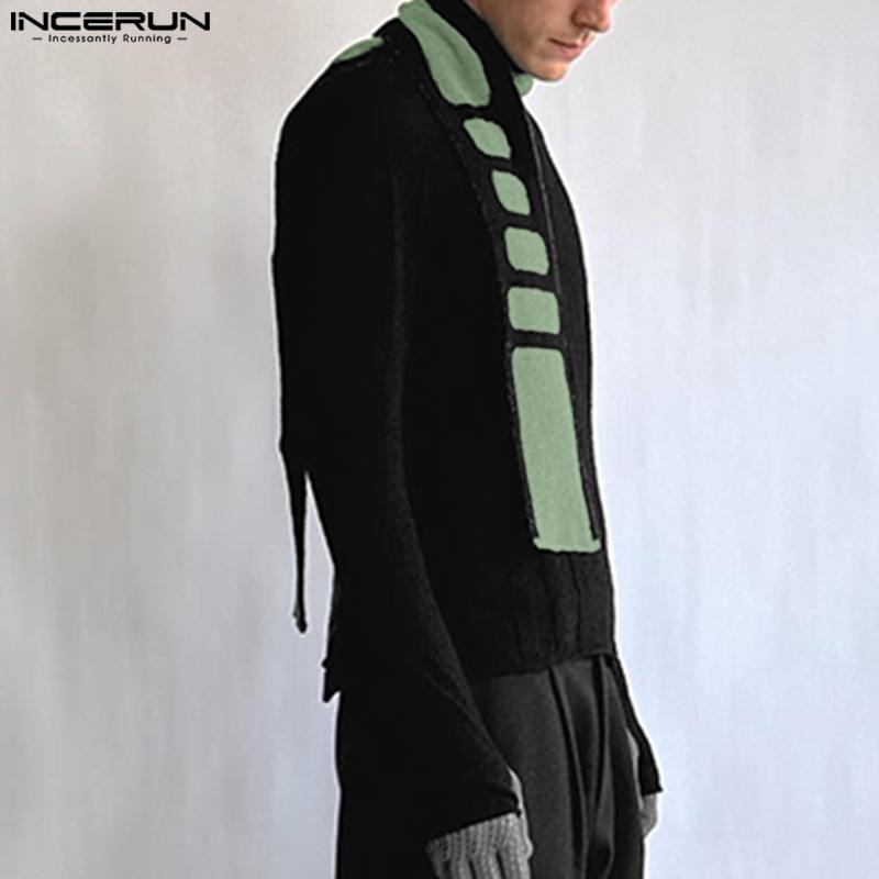 INCERUN Men High Neck Long Sleeve Scarf Pullover Casual Patchwork Tops