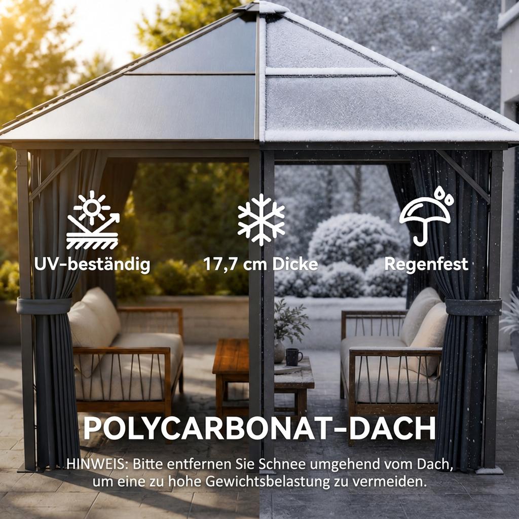 Pavilion With Polycarbonate Roof Curtains With Fly Screen Aluminum Frame Dark Gray 3 X 3 M
