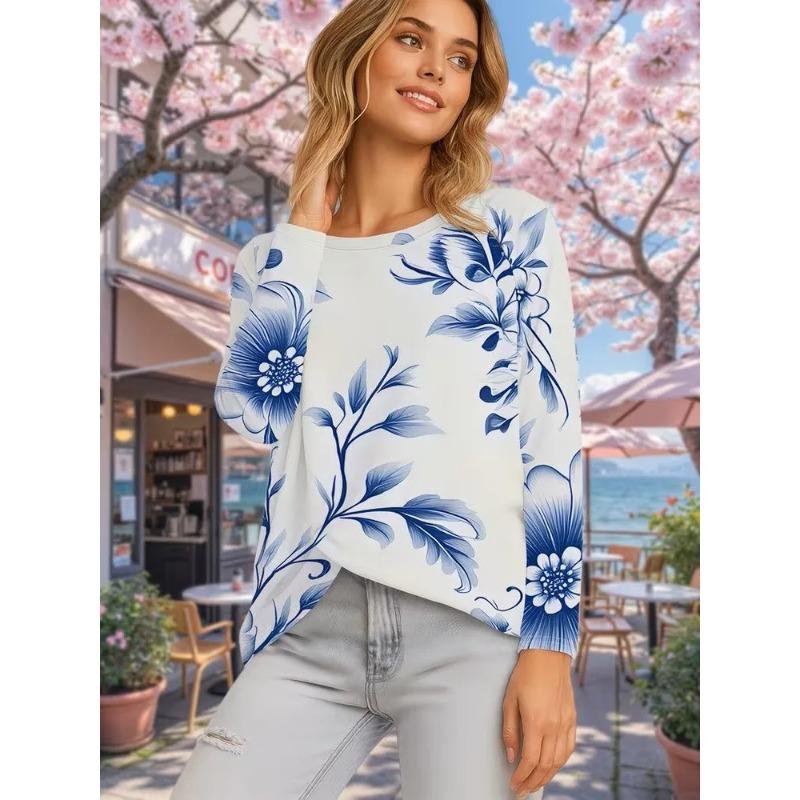 Autumn Women's Flower Stripe 3D Printed Crew Neck T-Shirt