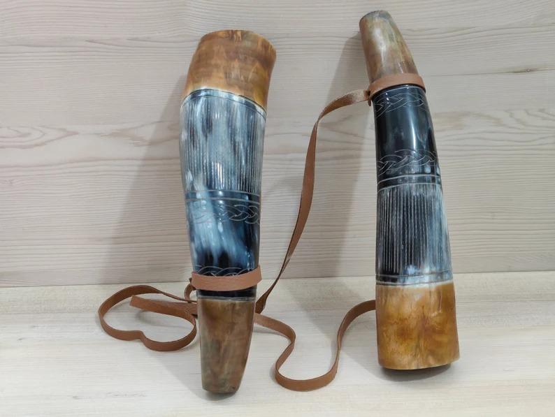Pair of Medieval VIKING WAR HORN battle trumpet Hand Engraved Blow Bull Horn Working Horn Gift Natural Horn Bugle Hunting Tool Gift Decor